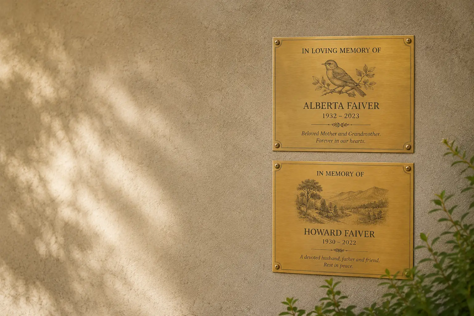 Two custom brass memorial plaques mounted on a wall