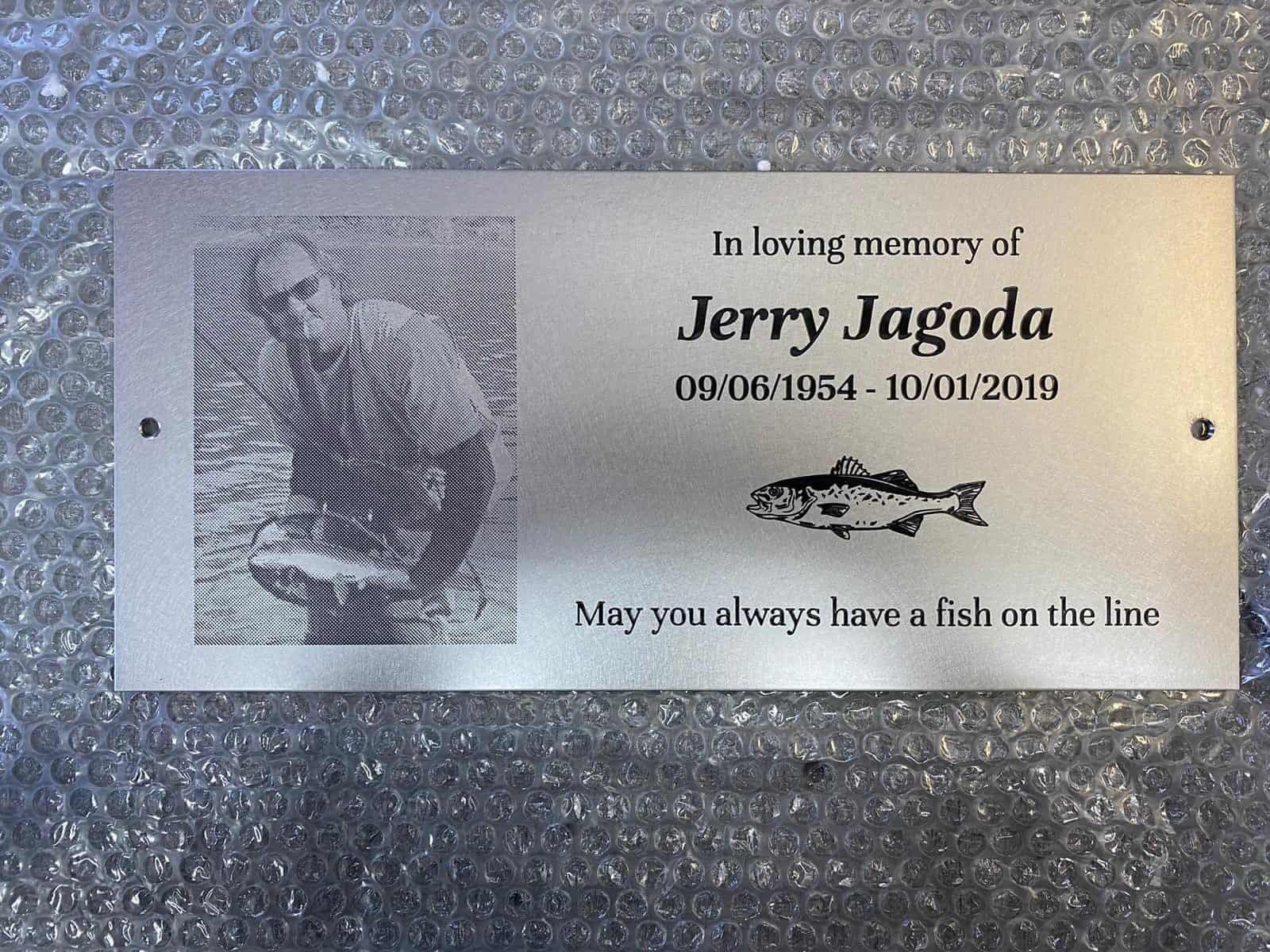 aluminium brushed silver finish, memorial bench plaque with photo metal 